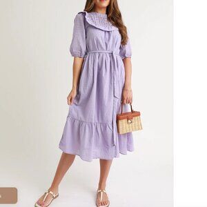 Women's S lavender Princeton Ruffle Dress swiss dot prairie ruffle hem midi NWOT